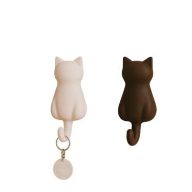 Imagem de Ganchos de Parede em Formato de Gato,Porta Chaves Fofo em PLA(1,Branco + Marrom)