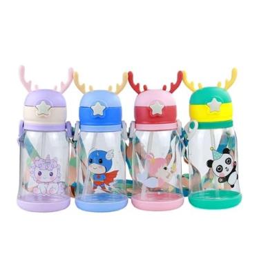 Imagem de Garrafa Infantil com Canudo 600ml, Design Cartoon com Alça Portátil, Tampa com Trava, Bico de Silicone, Antiderrapante, para Crianças Escola e Passeios