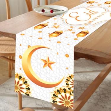 Imagem de Caminho de mesa Eid Mubarak, decorações Ramadan Kareem em ouro branco com padrão de lua de dupla face, corredores de mesa de jantar de cozinha para decoração de feliz feriado islâmico e suprimentos de