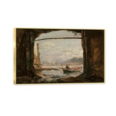 Imagem de NHLDZYH Moldura dourada. Trabalho mestre do romance norueguês, réplica de quadro de J. C. Dahl, paisagem atmosférica, arte de parede com moldura para biblioteca ou sala. (Paisagem 38). 50 x 80 cm.