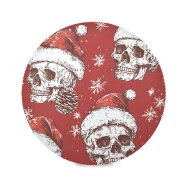Imagem de STAYTOP Jogo americano redondo de caveira com chapéu de Natal 1 peça, tapetes de mesa antiderrapantes fáceis de limpar para casa, cozinha, churrasco, festa, decoração de mesa