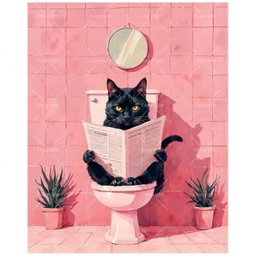 Imagem de Kit engraçado de pintura animal por números para adultos – DIY gato preto lendo em pintura de vaso sanitário em tela, conjunto de tinta acrílica, adequado para iniciantes, arte para decoração de casa