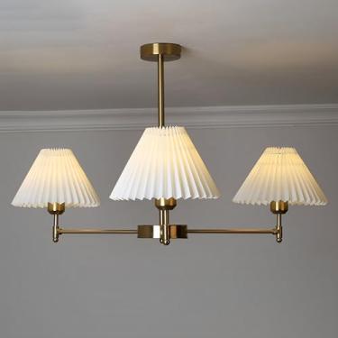 Imagem de Lustres grandes vintage em latão e ferro com cúpula de tecido plissado, luminárias pendentes de estilo moderno de meados do século XX para sala de estar, sala de jantar, escritório e quarto.