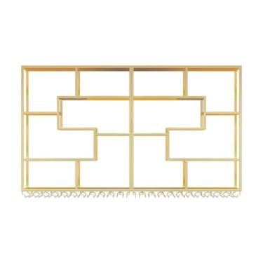 Imagem de Rack de vinho montado na parede com luz LED - Prateleira de licor de barra de ferro dourada elegante e suporte de vidro, perfeito para cozinha, sala de jantar, bares domésticos, sala de estar (140 x