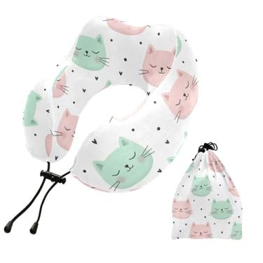 Imagem de Burbuja Travesseiro de pescoço de rosto de gato para viagem, almofada de viagem de espuma viscoelástica para dormir, suporte de cabeça de avião de carro, lavável na máquina e portátil