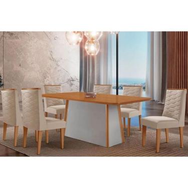 Imagem de Mesa Cozinha Tilia c/ Tampo Madeirado Canto Curvo 180x90cm e 6 Cadeiras Dafne Madeira Maciça Naturale/Off White - Capuccino/Suede Creme-Rufato
