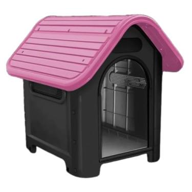 Imagem de Casa Plástica para Cachorro Porte Médio N6 MecPet com Ventilação Lateral Lavável Proteção contra Chuva e Frio(TELHADO ROSA)
