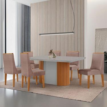 Imagem de Mesa De Jantar Aspen 180cm Tampo Mdf E Vidro 6 Cadeiras Lisboa Linho Capuccino/nat/off/serig. Off