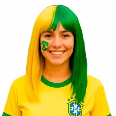 Imagem de Peruca Brasil Longa com Franja Amarelo e Verde Sintética - Aliança