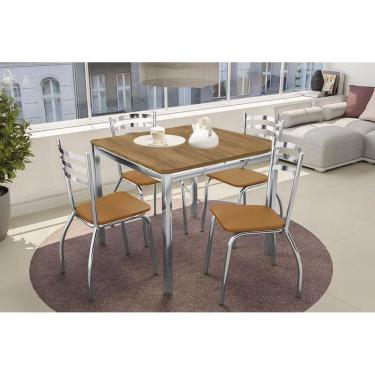Imagem de Conjunto: Mesa Sala Jantar Reno c/ Tampo de Madeira 90cm e 4 Cadeiras Portugal Cromada/Capuccino Kappesberg
