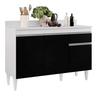 Imagem de Balcão de Cozinha Lavanderia Com Tampo 01 Gaveta Vick Branco e Preto 120 Cm - D'Rossi