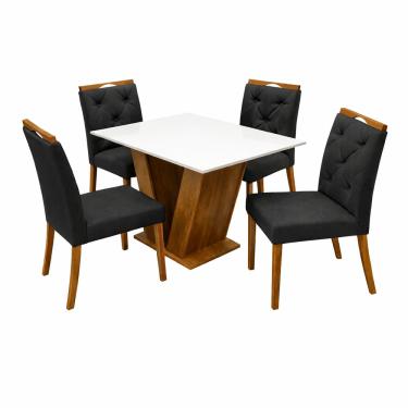 Imagem de Mesa de Jantar Classic 120x80cm com Vidro e 4 Cadeiras Jasmim em Veludo Estofadas Cel Móveis Cor Cinamomo Off White com Tecido Preto