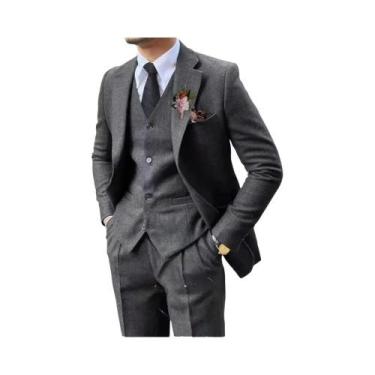 Imagem de Terno De Casamento Masculino Em Tweed Marrom 3 Peças Com Lapela Entalh