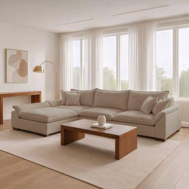 Imagem de Sofá de Canto Modulado com Chaise 6 Lugares Base em Madeira Maciça Dominique Prime Bege