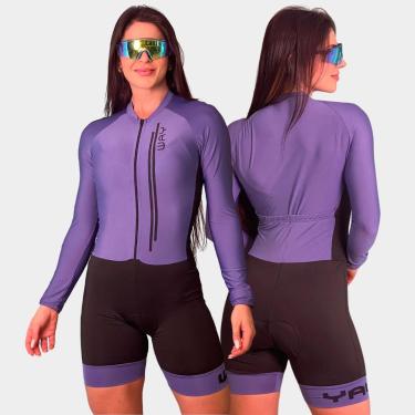 Imagem de Macaquinho de Ciclismo Feminino Lilás Escuro Manga Longa com Forro Gel Air Pro Cicloturismo Mtb-Feminino