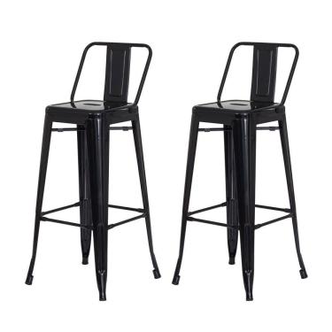 Imagem de Kit 2 Banquetas Tolix Iron com Encosto Preto Brilhante Industrial Aço Cozinha Bar Bistr...