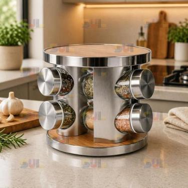 Imagem de Porta Tempero 8 POTES Condimento Giratorio Inox e Acabamento Mdf Bambu