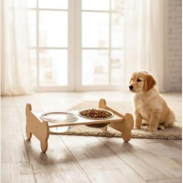 Imagem de Comedouro E Bebedouro MDF e Vidro 500ml Cada Para Cães e Outros Pets P