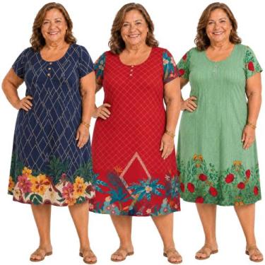 Imagem de Kit 3 Vestido Manga Feminino Malha Fria Senhoras Excelente Liganete Di