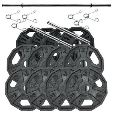 Imagem de Kit com 24 Kg de Anilhas Dectagonal Ferro Fundido + Barras de Supino e