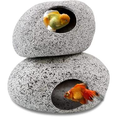 Imagem de Pacote com 2 cavernas de rocha para decoração de aquário, túnel de esconderijo de caverna Betta, decoração profissional de esconderijo de peixes (8,5 cm e 10,8 cm)