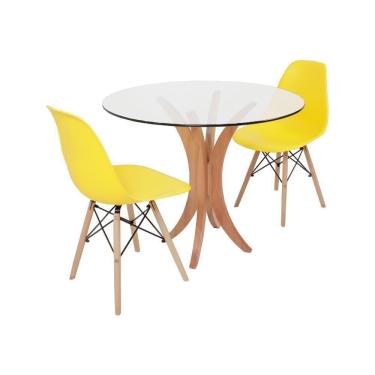 Imagem de Conjunto Mesa Tampo De Vidro 90cm com 2 Cadeiras Amarelo