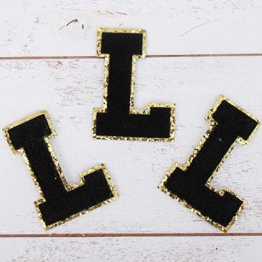 Imagem de Pacote com 3 adesivos de Chenille Iron On Glitter Varsity Letter 5 cm de altura "L" - Tecido de chenille preto com acabamento em glitter dourado - Costurar ou passar a ferro - 5 cm preto G