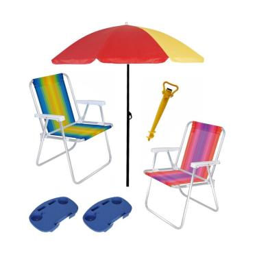 Imagem de Kit Praia 2 Cadeira Alta Alumínio + Guarda Sol + 2 Mesa Portátil + Saca Areia - mor