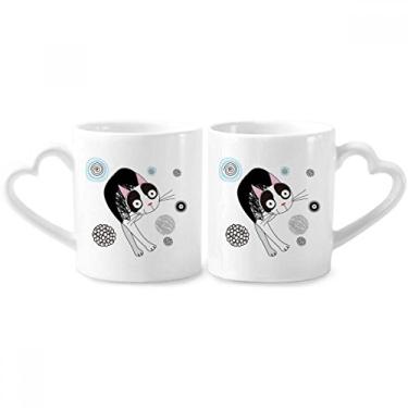 Imagem de Conjunto de canecas de porcelana de casal de gatos finos de desenho animado de animal com alça de coração