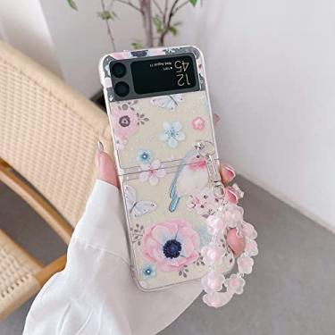 Imagem de Para Samsung Z Flip 4 Capa de telefone dobrável transparente pintada de flores com pulseira Para Samsung Z Flip 3 ZFlip4 Capa traseira dura, B com pulseira, Para Z Flip 3