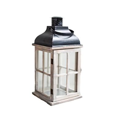 Imagem de Aditam vintage vidro de madeira decorativa vela lanternas decoração com telhado de metal castiçal para festa no jardim mesa de jantar lareira acampamento (grande (38x18x18cm), branco vintage) Double