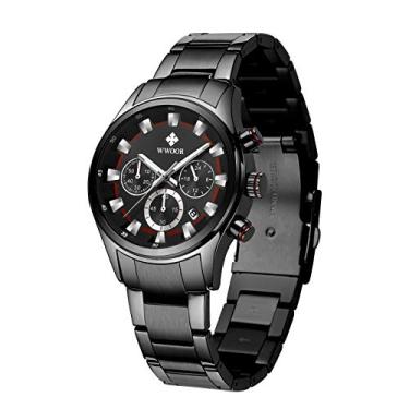 Imagem de Relógio masculino multifuncional cronógrafo à prova d'água analógico de quartzo de aço inoxidável moderno relógio de pulso luminoso com data, Black/Red