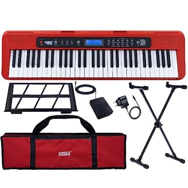 Imagem de Kit Teclado Musical Digital Kobe KB-300 5/8 61 Teclas Sensitivas ao Toque com Pedal Sustain Capa Vermelha e Suporte