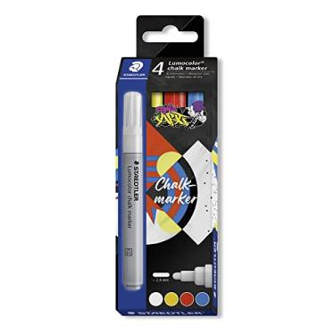 Imagem de STAEDTLER Marcador de Giz Líquido Lumocolor Caixa 4 Cores Sortidas - 344 C4 - Ponta Arredondada 2,4mm, Cores Vibrantes, Removível com Pano Úmido, Para Vidros, Lousas, Espelhos e Decoração Criativa