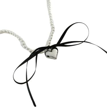 Imagem de Elegante colar de pérolas de imitação colar pingente de coração doce laço pescoço jóias contas gargantilha para mulheres meninas, one size, Resina, Sem Pedra Preciosa