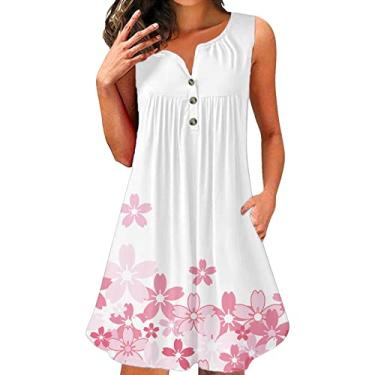Imagem de Vestido casual feminino casual sem mangas gola redonda botão estampado curto bolso vestido casual leve de verão, rosa, P