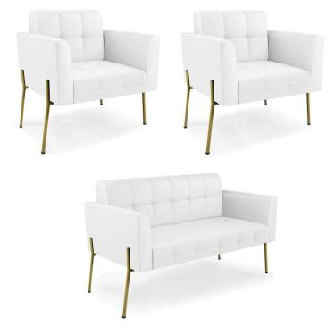 Imagem de Sofá Namoradeira e 2 Poltronas Pé de Ferro Dourado Elisa Corino Branco D03 - D`Rossi