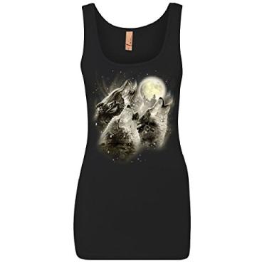 Imagem de Tee Hunt Camiseta regata feminina Wolf Howl Wild Wolf Pack Predator Animals Nature Moon Top, Preto, XG