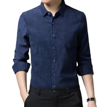 Imagem de Camisa masculina de veludo cotelê cor sólida negócios lapela manga longa camisa casual, Azul marinho, P