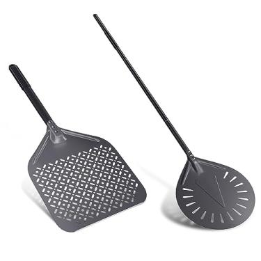 Imagem de NUTUNI Conjunto de casca de pizza de 30,5 cm + 23,5 cm + 23 cm, descascador de pizza perfurado, pá de pizza profissional de alumínio de 30,5 x 35,5 cm para pizza caseira, acessórios de forno de pizza