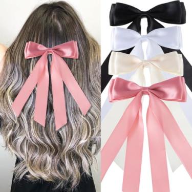 Imagem de Seneeel Laço de cabelo 4 peças, grampo de cabelo com fita dupla grande para mulheres (bege, rosa, preto, branco)