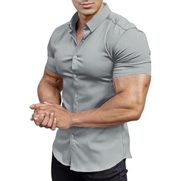 Imagem de EOUOSS Camisa social masculina com ajuste musculoso, elástica, justa, manga curta, casual, abotoada, Cinza ferro, GG