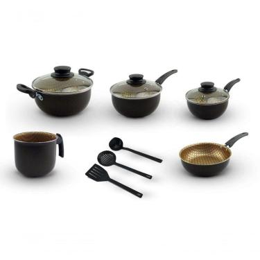 Imagem de Conjunto De Panelas Elegan Em Alumínio Antiaderente E Pegadores De Baquelite 5 Peças Preto-creme