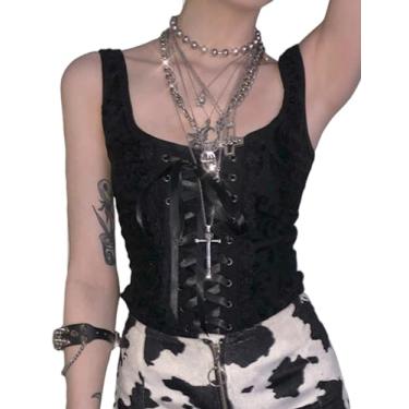 Imagem de FEOYA Regata feminina gótica cropped de malha com acabamento em renda sem mangas Y2k Club Punk Rock roupas sensuais, 01 - Preto, P
