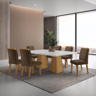 Imagem de Mesa Inovare 180 Tp Mdf Vidro/canto Reto com 6 Cadeiras Bugatti Marrom / Off White /Imbuia Ripado