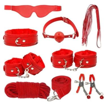 Imagem de Kit Algemas Sexuais Para Adultos Jogo Sexual Para Casais, Colarinho, Venda Erótica, Chicote, Brinquedo Sexual (Vermelho)