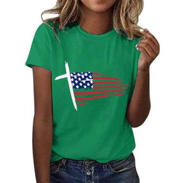 Imagem de Camiseta feminina com estampa do Dia da Independência da Bandeira Americana de 4 de julho, manga curta, camiseta patriótica, gola redonda, Verde, G