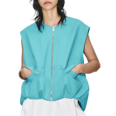 Imagem de PAODIKUAI Blazer feminino casual com zíper e bainha franzida, leve, sem mangas, jaqueta grande com bolsos, Lago azul, P