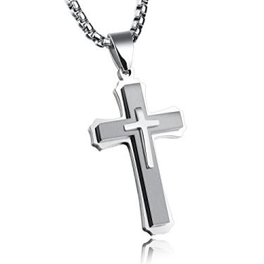 Imagem de Colar de cruz clássico para homens, prata, preto, ouro, aço inoxidável, crucifixo, cruz, crucifixo, joia religiosa, corrente de caixa de presente de 54 cm, standard, Aço inoxidável, Zircônia cúbica