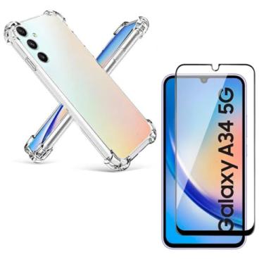 Imagem de Capa Capinha Anti Impacto + Película Premium 9D Cerâmica Para Galaxy A34 Tela De 6,6 Polegadas - (Bluepink)